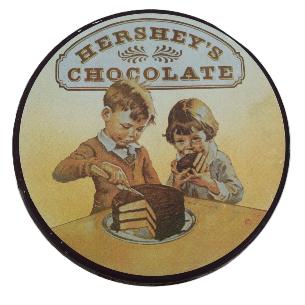Hershey's Chocolate Tin Round Brown OS Good Vintage Children Cake Lithograph
